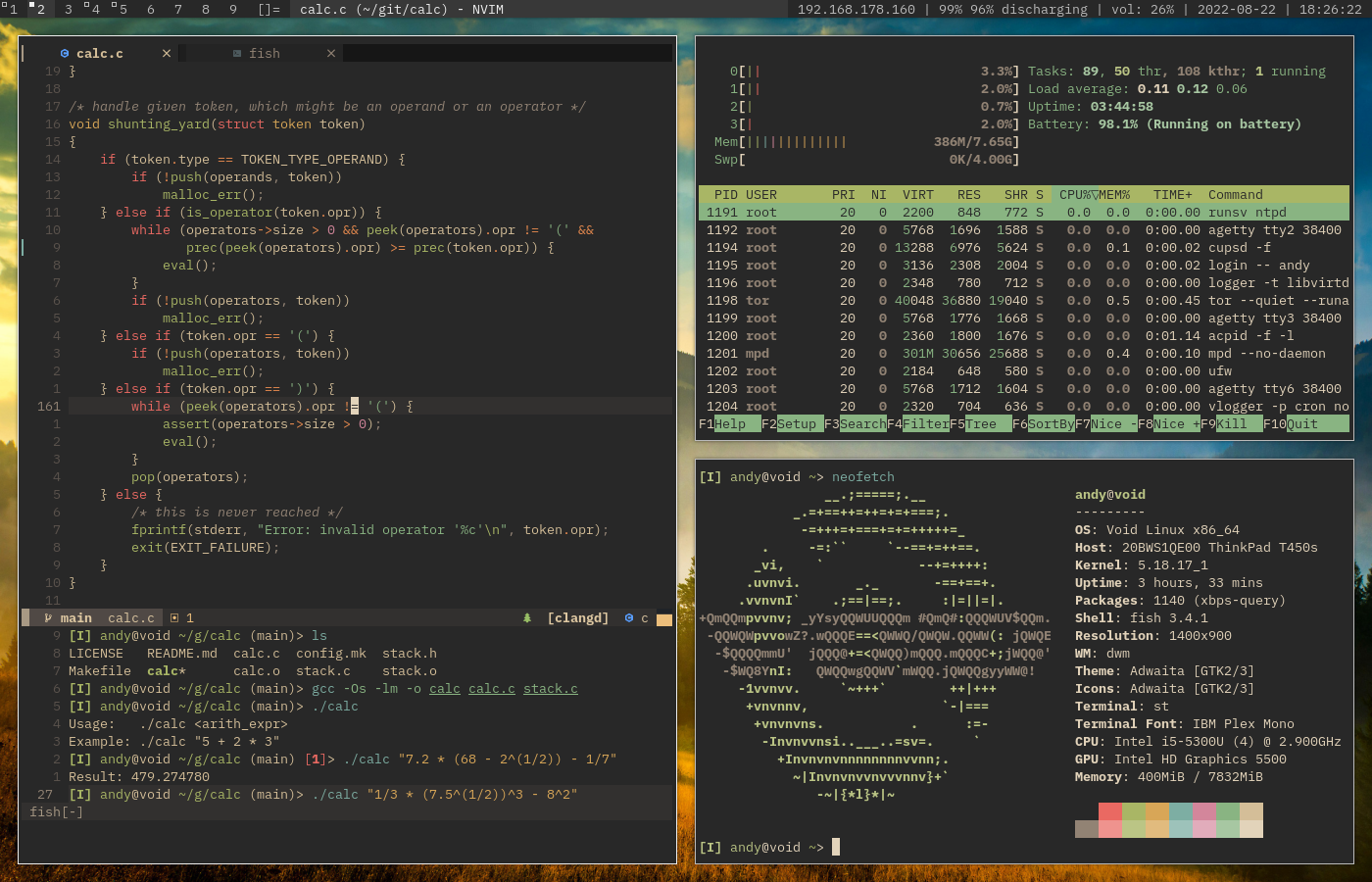 Void Linux with DWM, LunarVim, HTOP and neofetch, Gruvbox Material theme